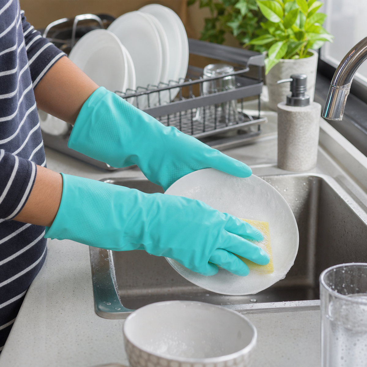 A person wearing teal rubber gloves is washing a white plate with a yellow sponge in a stainless steel kitchen sink.
