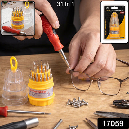 A person uses a red and black screwdriver to tighten a screw on a pair of glasses, with the screwdriver set