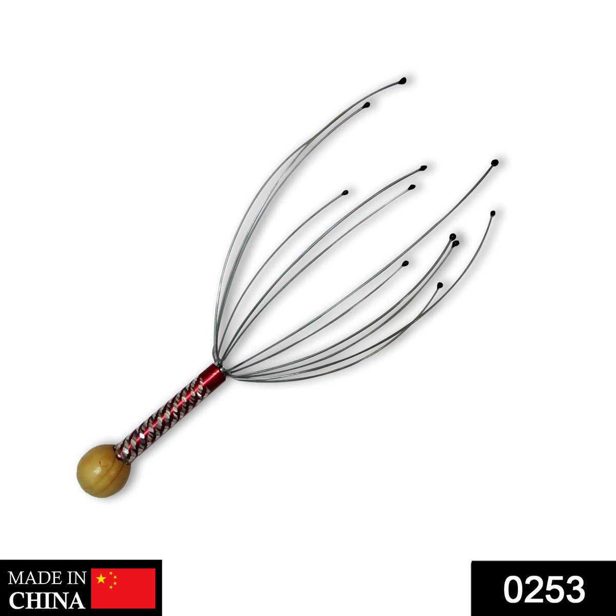 A metal scalp massager with a red and white handle and wooden top is shown against a white background.