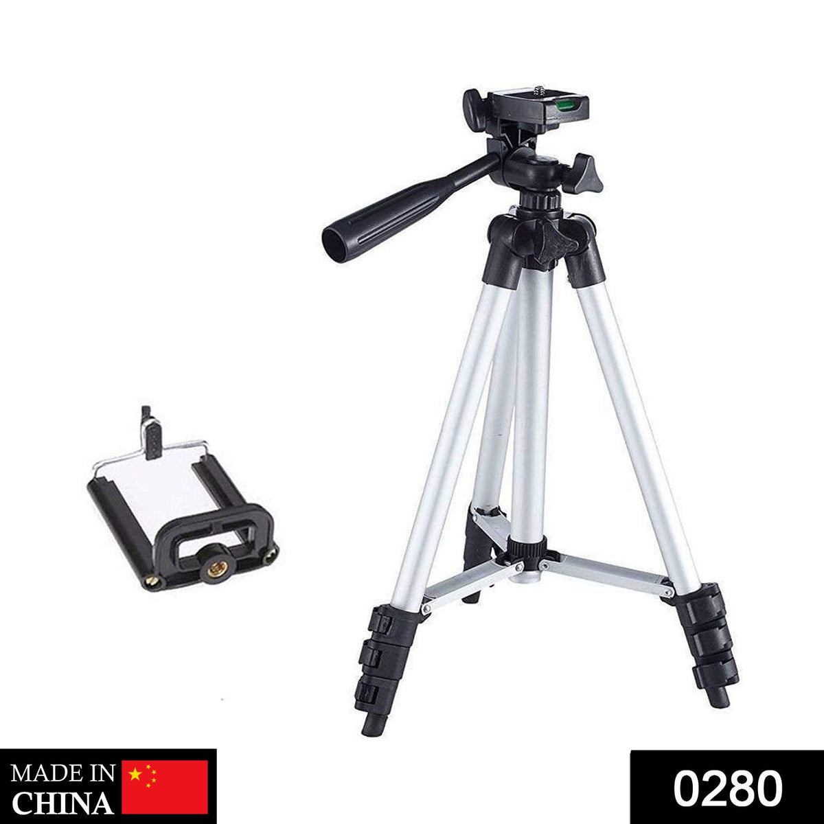 A silver and black tripod and a black phone holder are displayed on a plain white background.