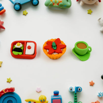 Focus on specific 3D erasers, like a mini burger and fries, illustrating the detailed craftsmanship.