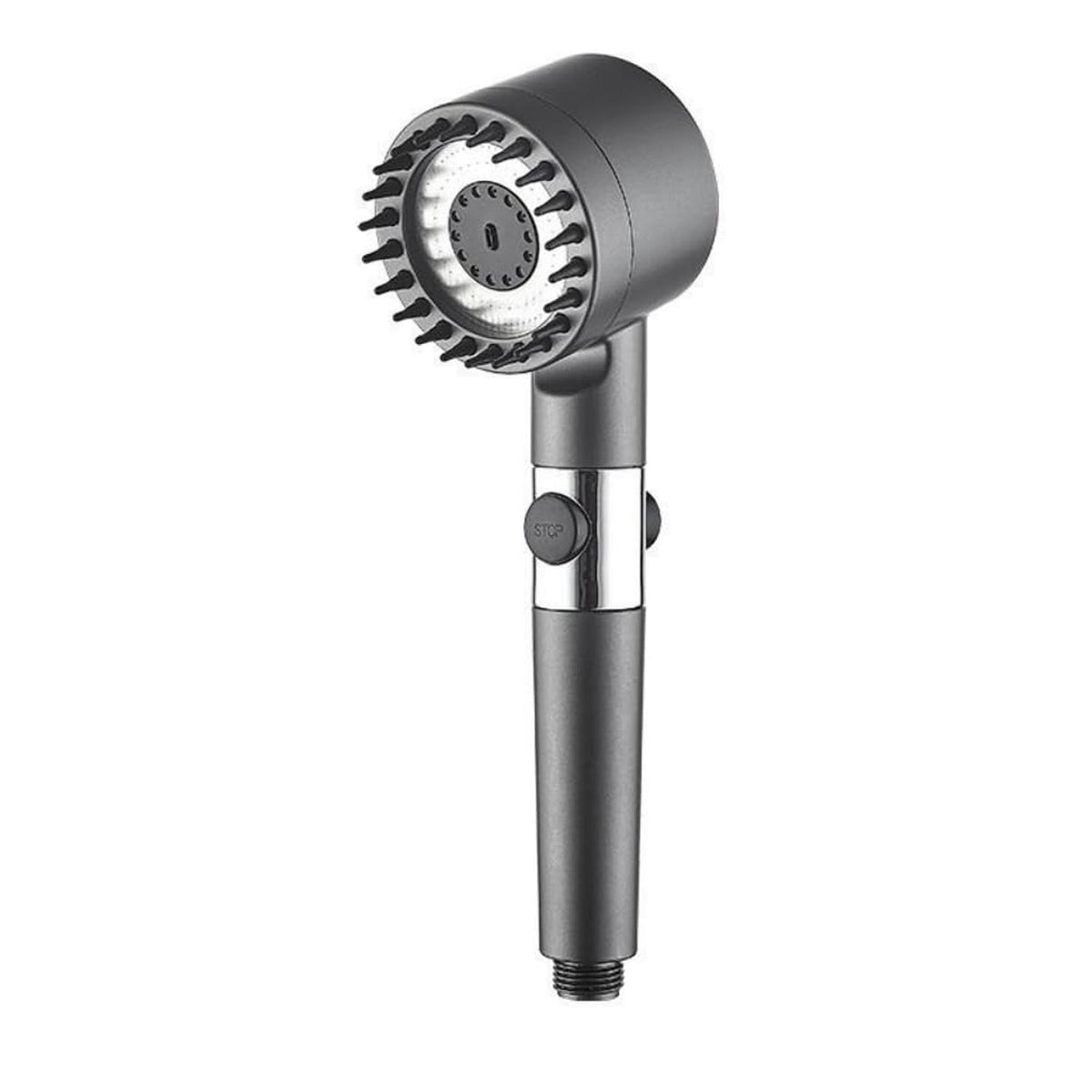 A dark gray shower head with a wide face and rubber bristles, shown on a white background.