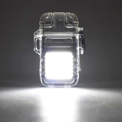 The clear waterproof electric lighter and flashlight illuminates a dark room with its bright white COB light.