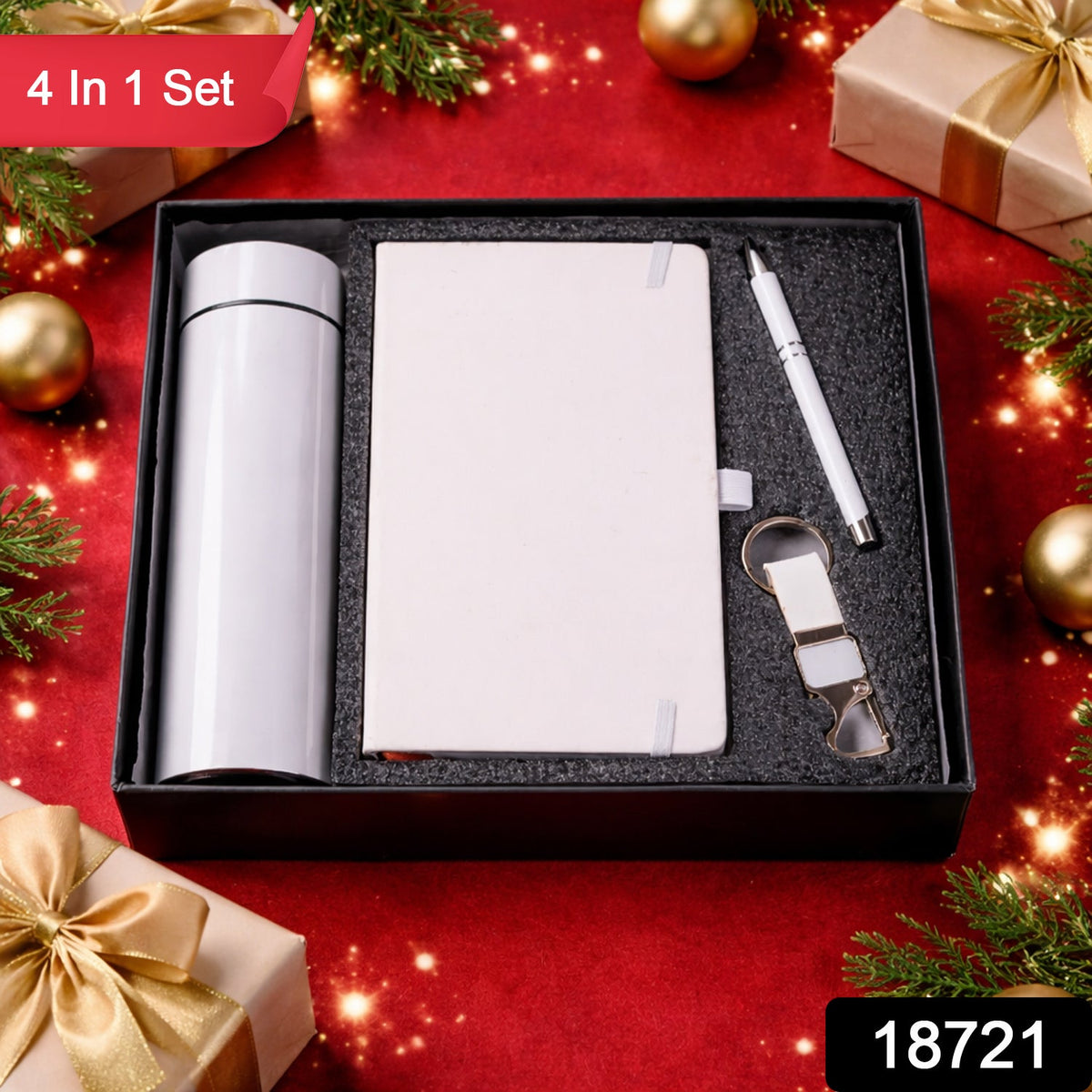 White 4-in-1 gift set in a black box, surrounded by festive red background with golden ornaments and lights.