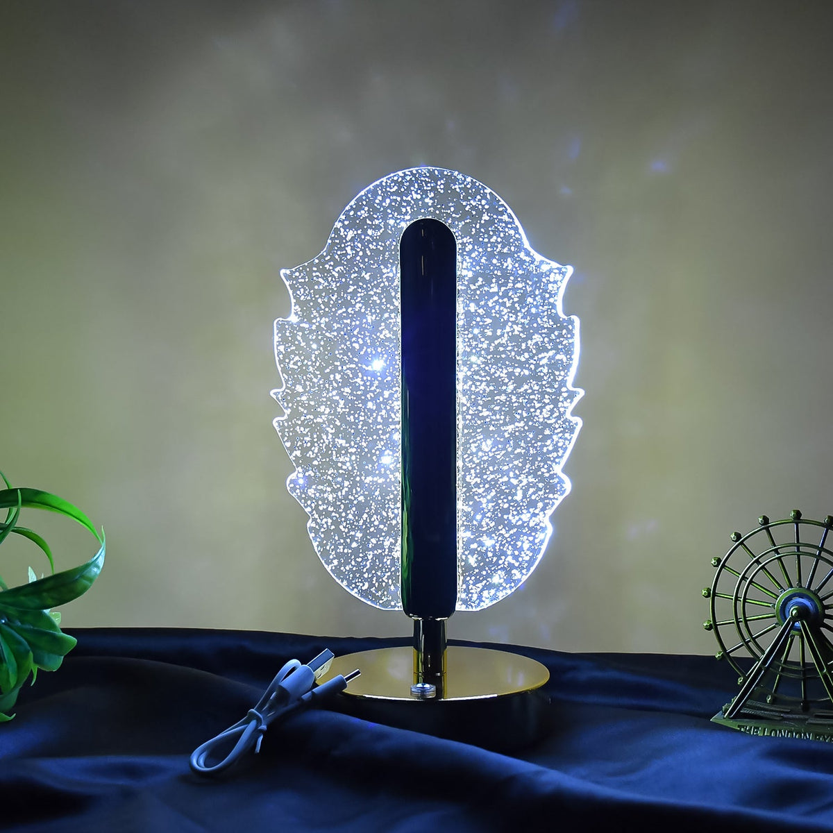 LED Feather Shape Crystal Table Lamp highlighting its intricate design and soft light.
