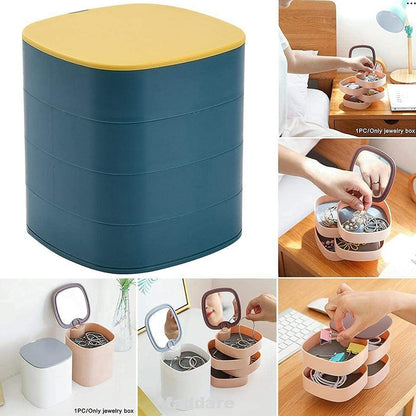 Multicolour 4-layer rotating jewellery box with 360-degree rotation and convenient mirror