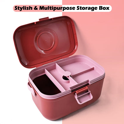 Open red and pink plastic storage box with internal compartments, against a split pink and grey background.