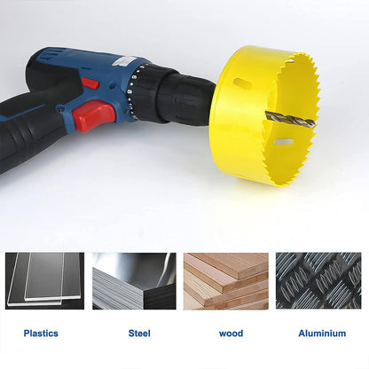 A blue and black drill with a yellow hole saw attachment is shown, with four material samples below it.