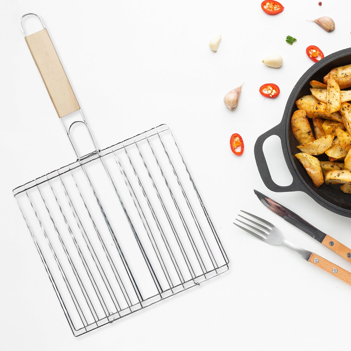 Kitchen Square Roaster Grill Barbecue Grill with Wooden Handle
