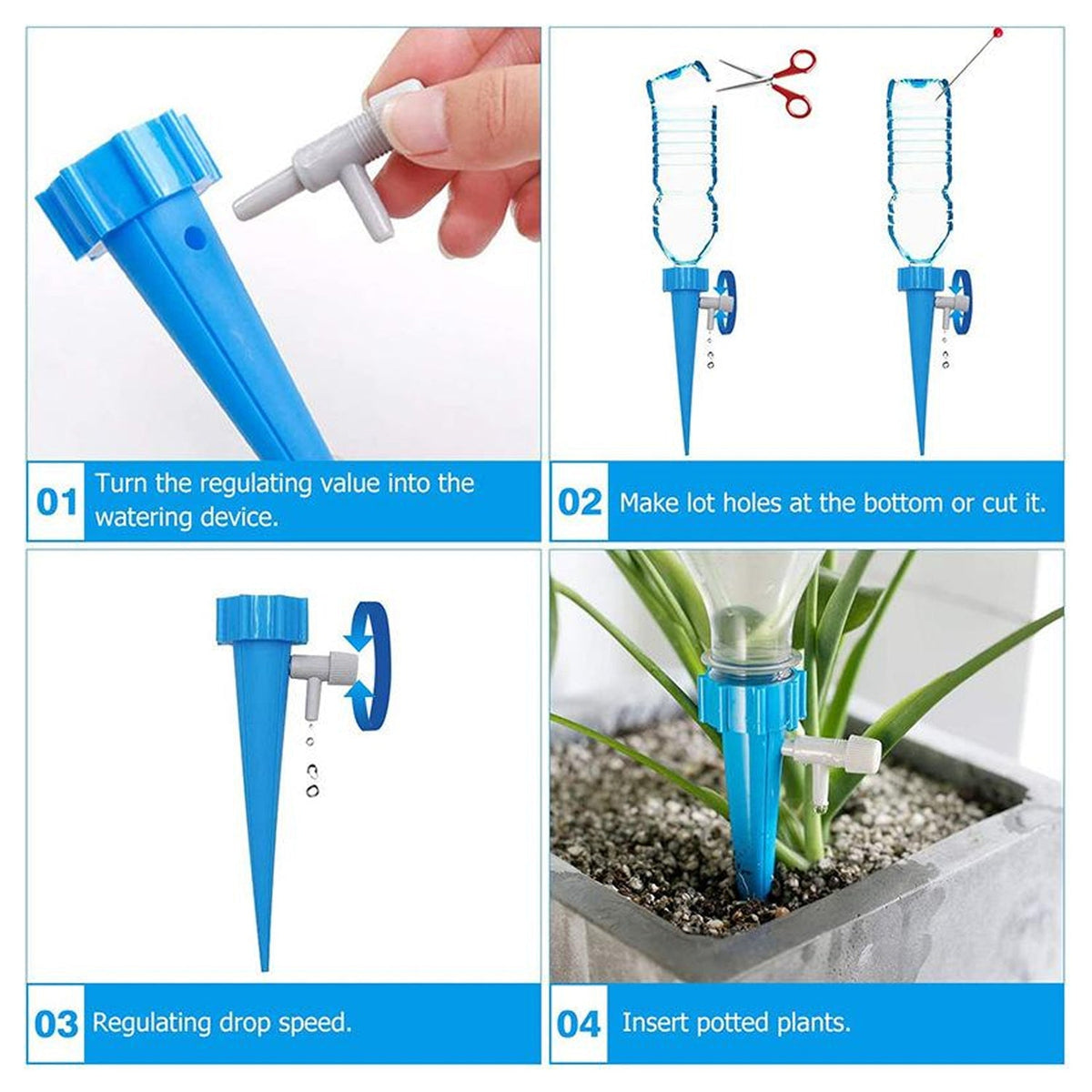 A four-panel instructional image showing how to assemble and use the blue watering spike.