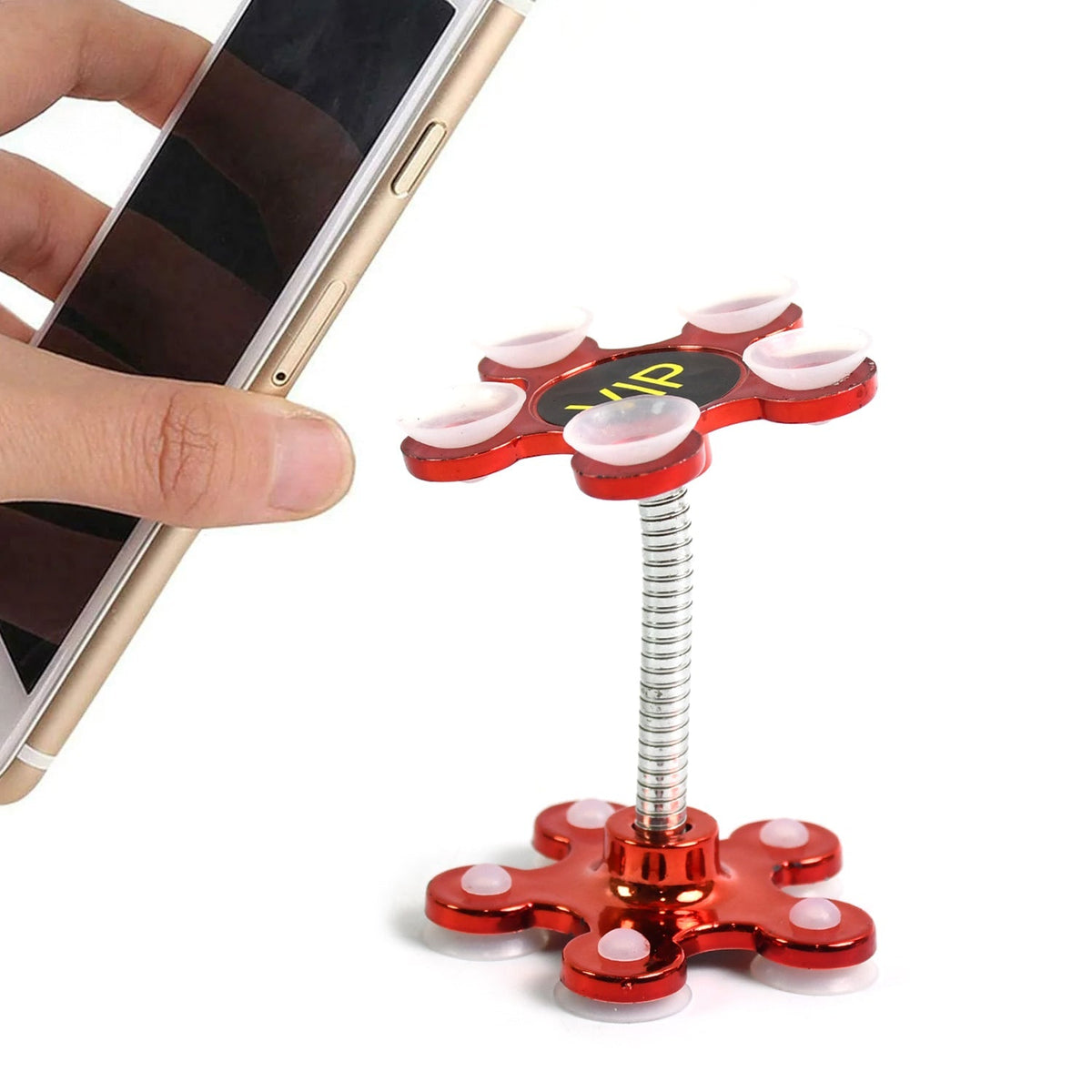 A hand holds a phone next to a red flower-shaped phone holder with a flexible silver arm and 'VIP' text.