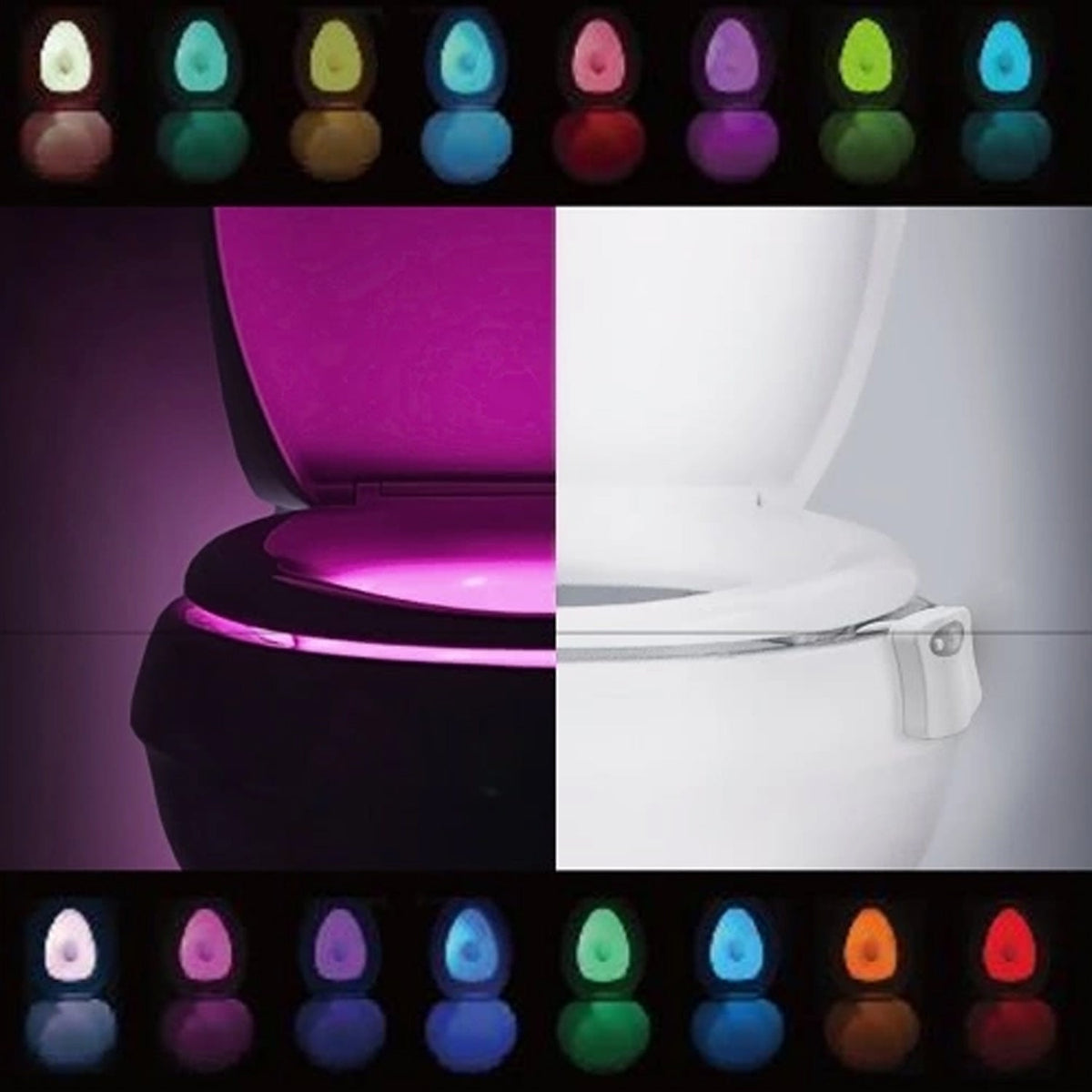 Split image showing a toilet with a purple glowing bowl on the left and a regular toilet on the right, surrounded by small