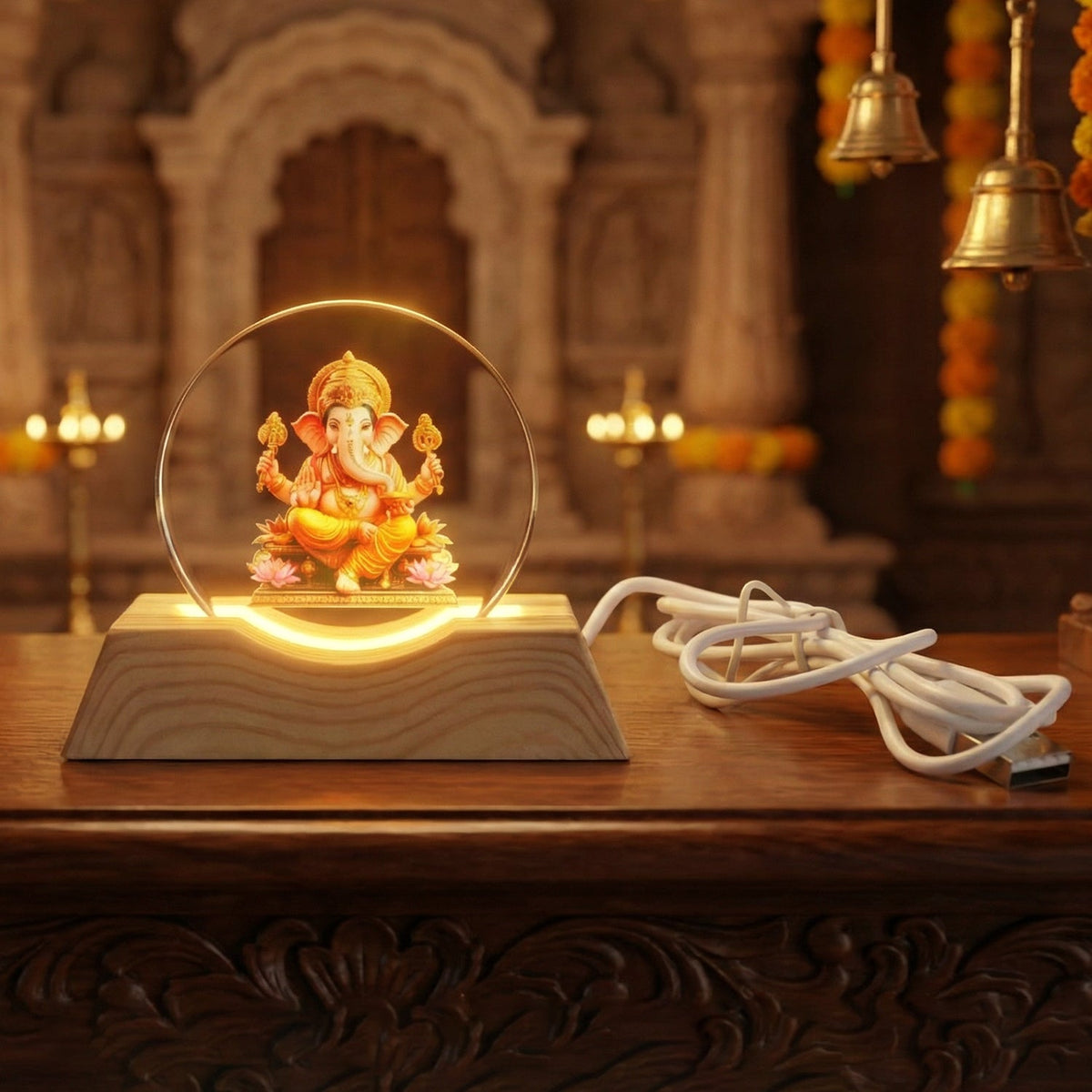 Lord Ganesha LED lamp with a white USB cable on a dark wooden surface in a temple setting.