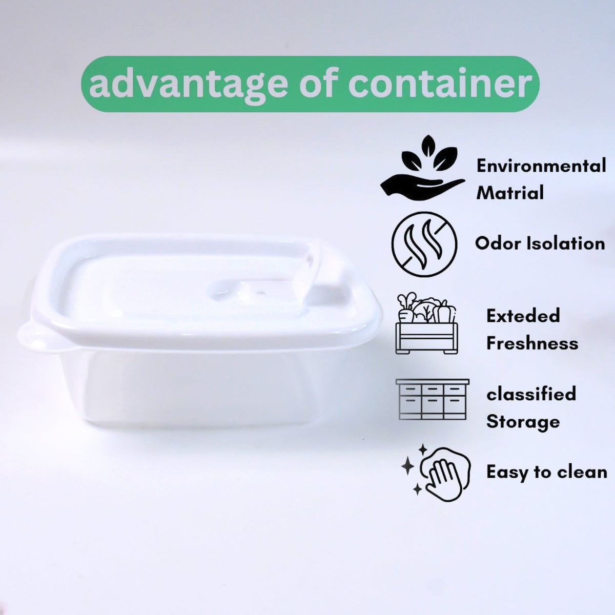 A clear plastic food container with a white lid next to five icons illustrating its benefits like odor isolation and easy