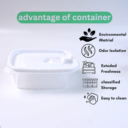 A clear plastic food container with a white lid next to five icons illustrating its benefits like odor isolation and easy