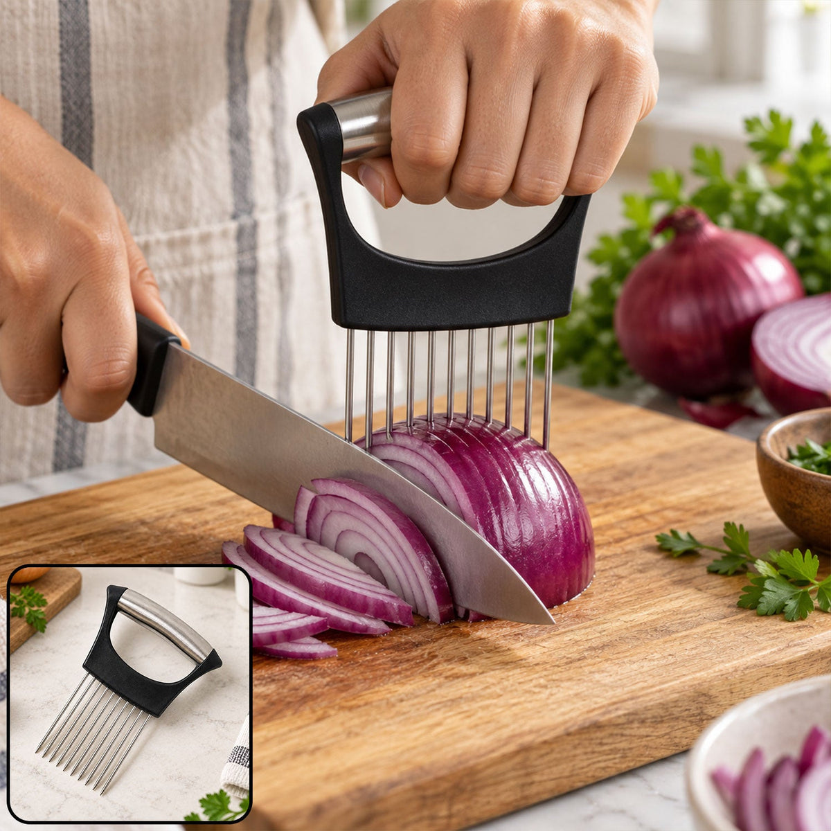 Hands hold a black and silver onion holder to slice a red onion on a wooden cutting board, with an inset of the holder.