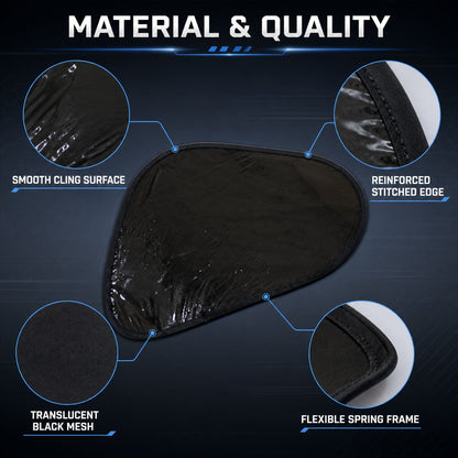 Diagram detailing the material and quality of the black mesh sun shade, including its cling surface and frame.