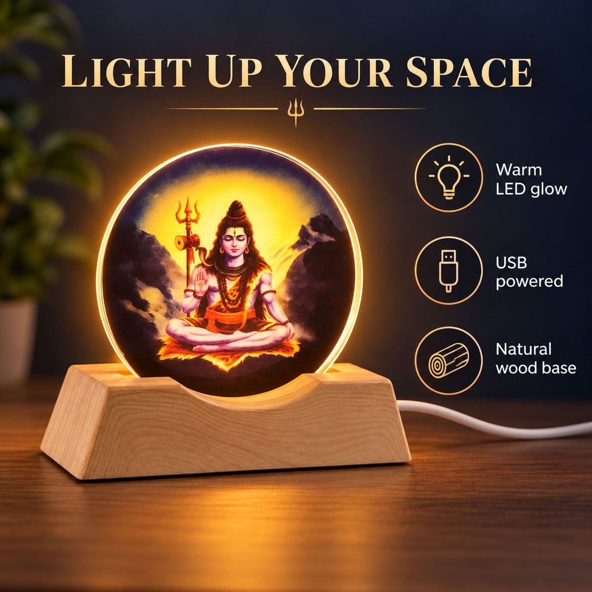 Illuminated circular acrylic panel with Lord Shiva in meditation, set on a natural wood base with a warm glow.