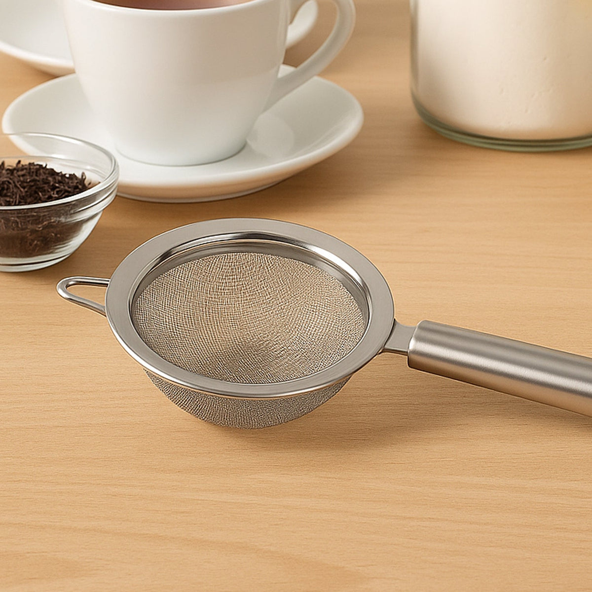 A close-up of a stainless steel fine mesh strainer on a wooden surface, with a white teacup, saucer, and a bowl of loose tea