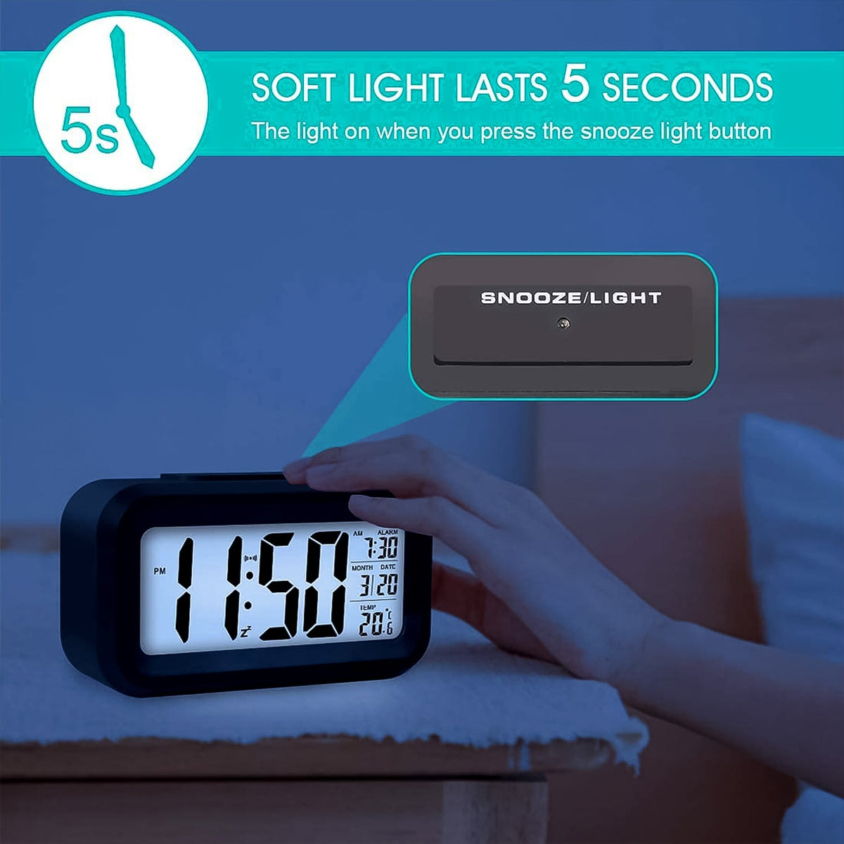 A hand pressing the snooze/light button on a black digital alarm clock in a dark room, with text indicating a 5-second soft