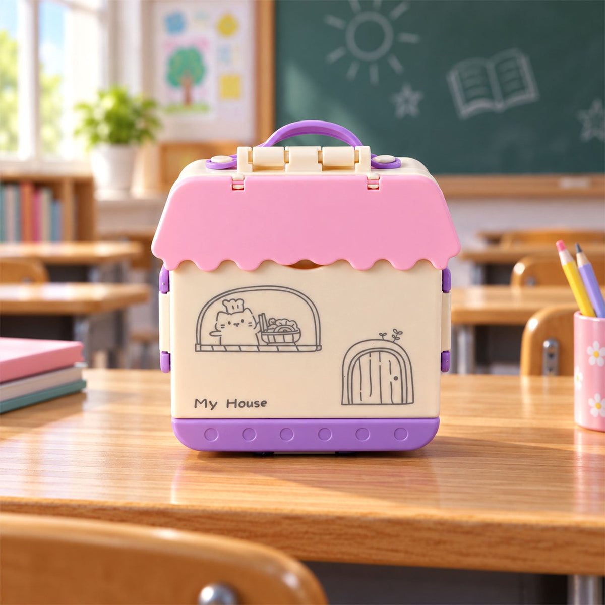 A closed house-shaped lunch box with a pink roof and cartoon design, sitting on a wooden desk in a classroom.