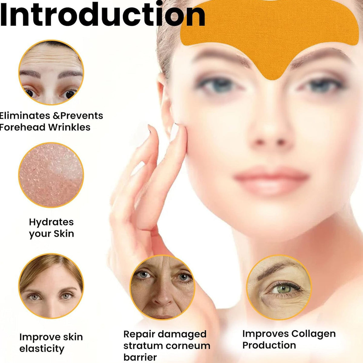 A woman with a gold forehead patch, surrounded by circular insets detailing product benefits.