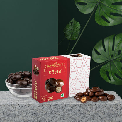 Close-up view of crunchy nuts coated with smooth Choco Magic chocolate