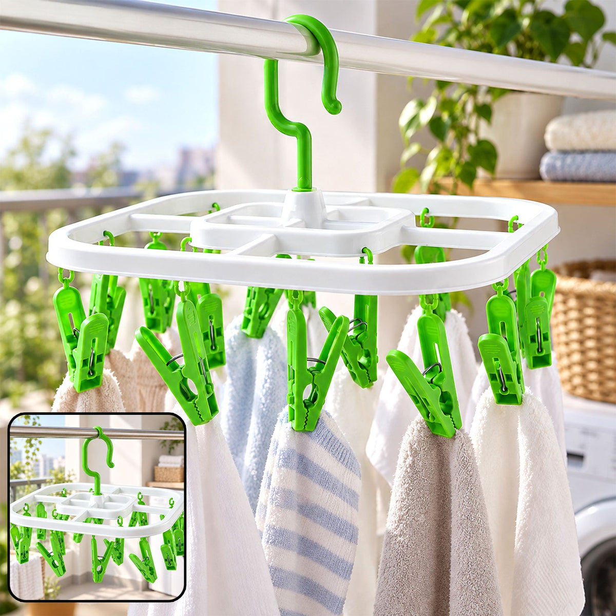White square drying rack with green clips holding small towels on a balcony clothesline, with an inset image.
