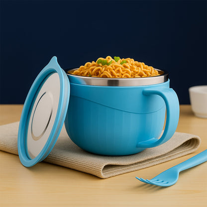 A blue insulated bowl with a lid, filled with noodles, and a blue fork on a beige cloth.