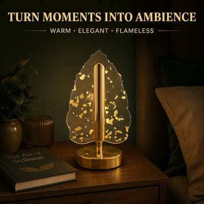Golden crystal leaf LED table lamp enhancing a modern interior space