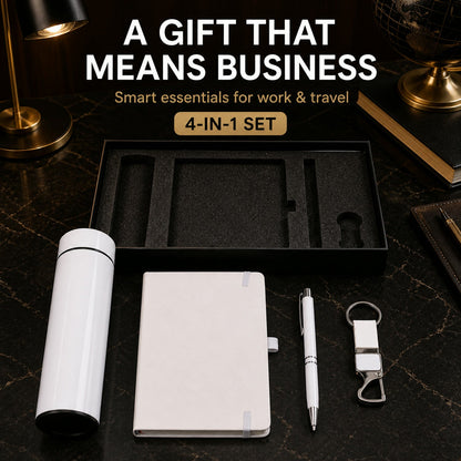 White 4-in-1 office set displayed outside its black box on a dark marble surface with office decor.