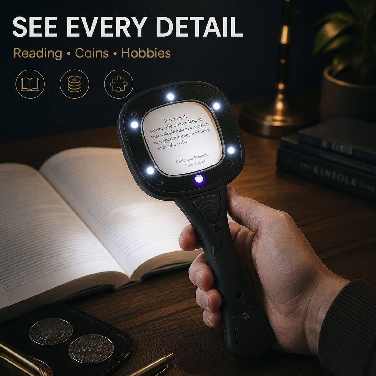 Lifestyle image of the LED magnifying glass in use.