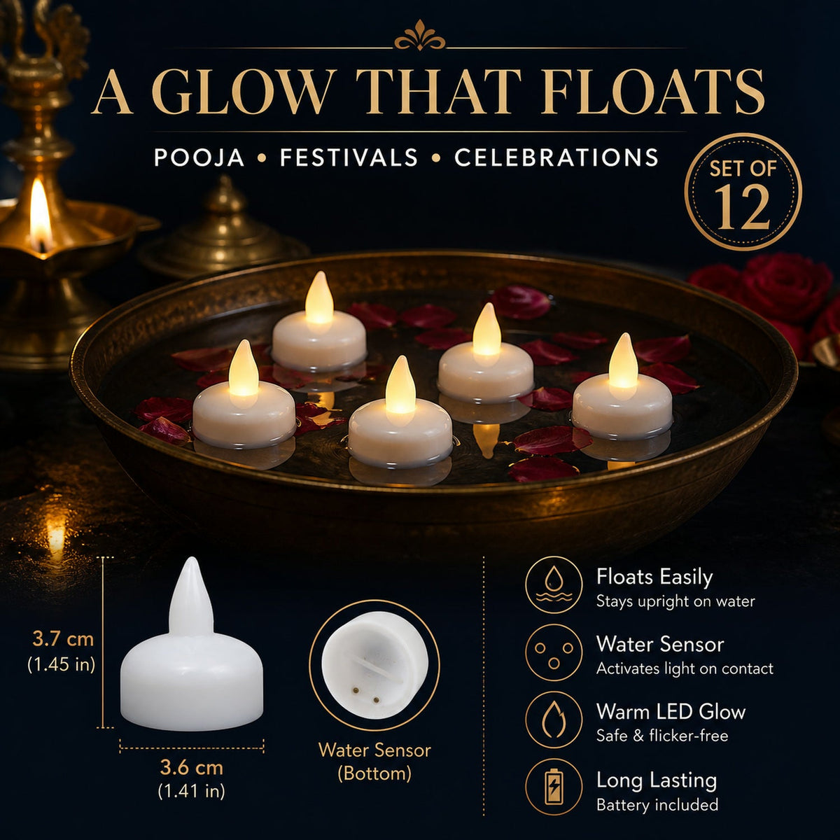 Five white LED floating candles with warm yellow flames in a brass bowl with rose petals, with product dimensions and
