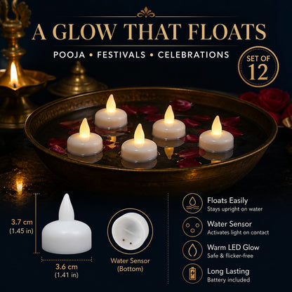 Five white LED floating candles with warm yellow flames in a brass bowl with rose petals, with product dimensions and