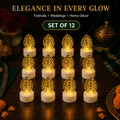 Twelve golden leaf LED candles glowing on a dark wooden surface, with text overlay 'Elegance in Every Glow'.