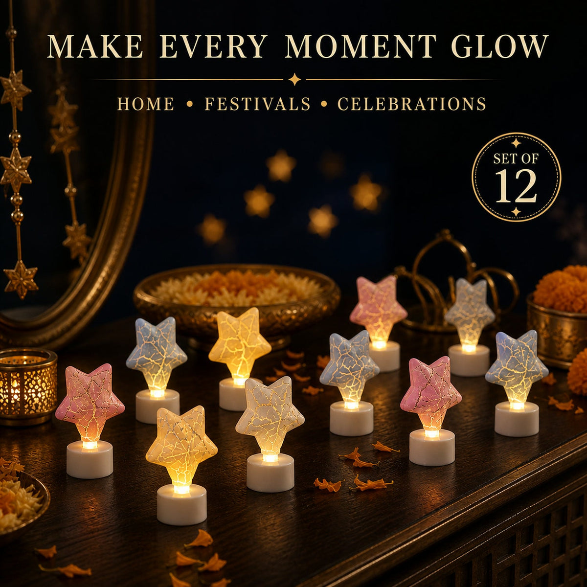 Twelve glowing star-shaped LED tealight candles arranged on a dark wooden surface with festive decorations.