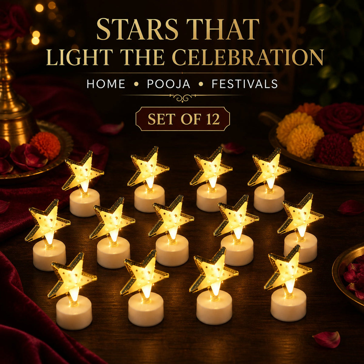 Star-shaped flameless LED candles used in a lifestyle setting for festive decoration