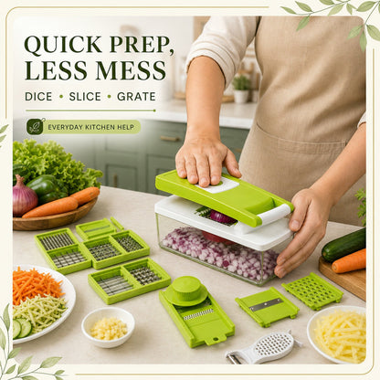A person uses a green and white vegetable dicer to chop red onions, surrounded by various attachments and fresh vegetables