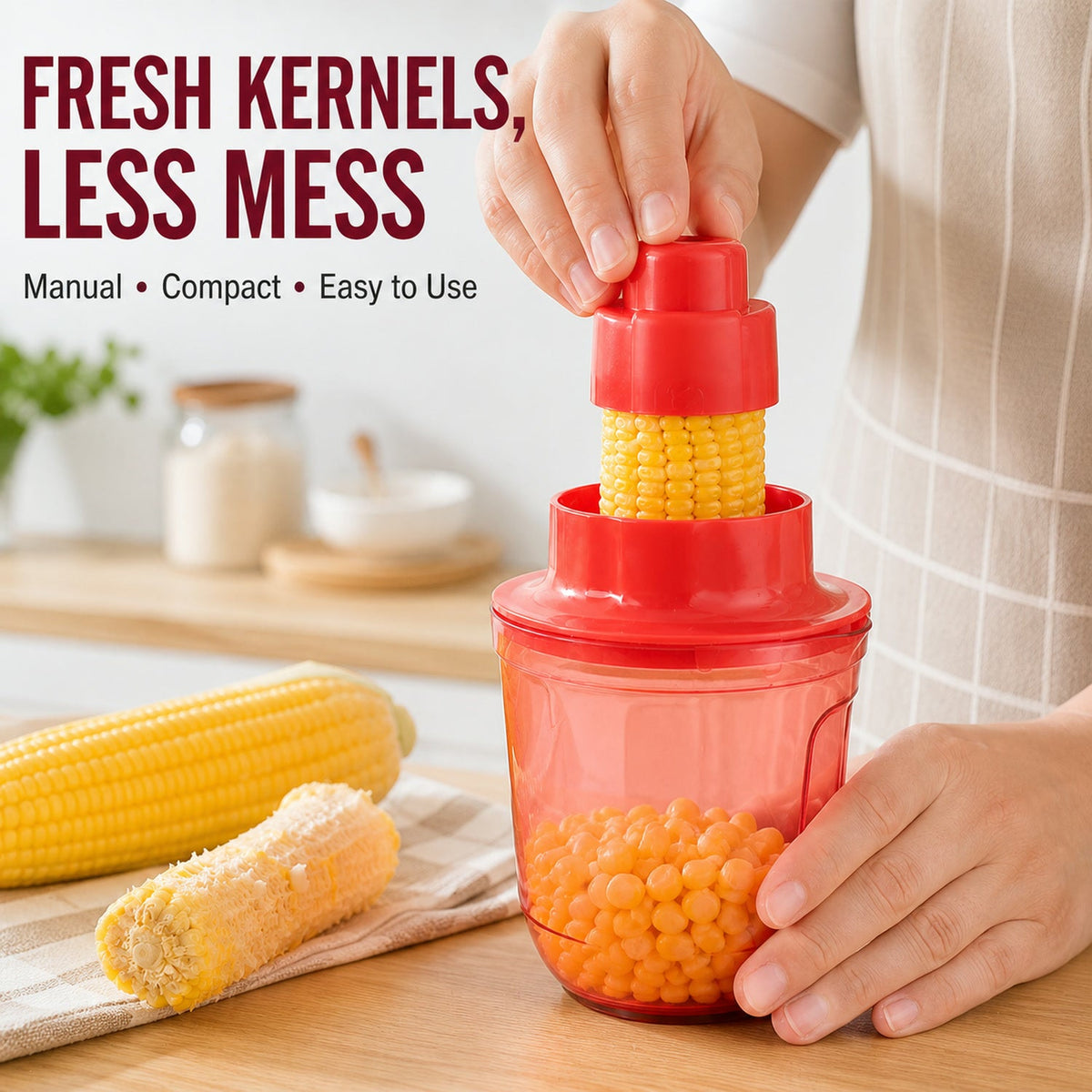 Lifestyle image of the corn cutter in use for food preparation