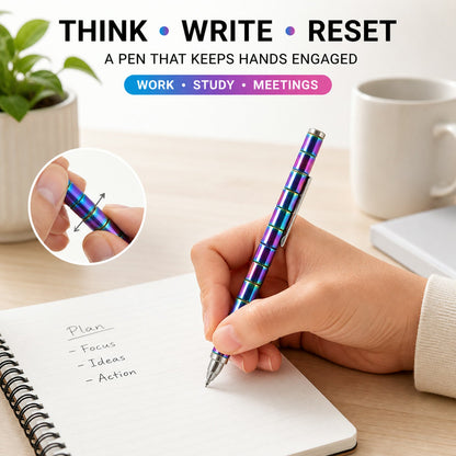 A hand writes in a notebook with a rainbow-colored magnetic fidget pen, with an inset showing the pen's fidget function.