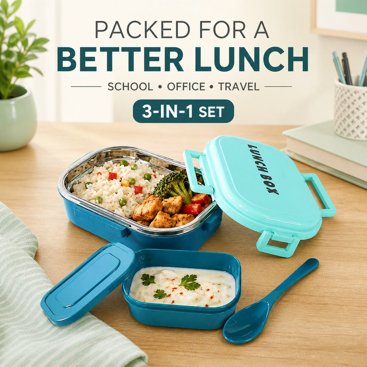 Stainless Steel Lunch Box – 3-in-1 Leakproof Set | Lunchie Bunchie