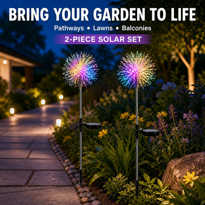 Lifestyle image of solar dandelion lights enhancing a garden ambiance