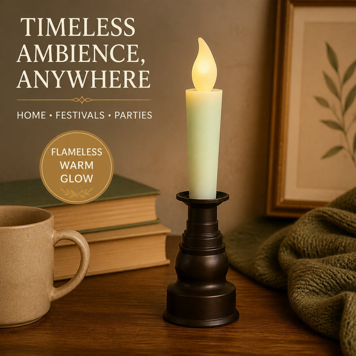 A cream LED candle with a flickering flame in a dark bronze holder, with a mug, books, and framed art.