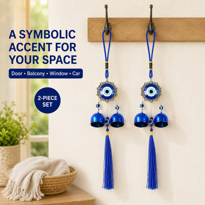 Evil Eye Wind Chime with Bells and Tassels for Home Decor (2 Pc Set)