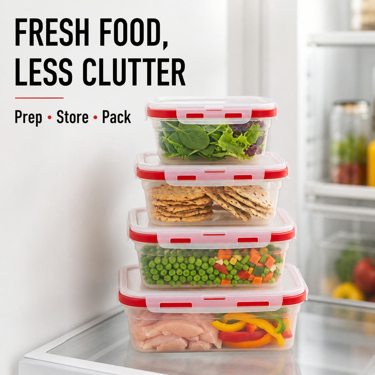 Four clear food containers with red lids, filled with various foods, stacked inside a refrigerator with text overlay.