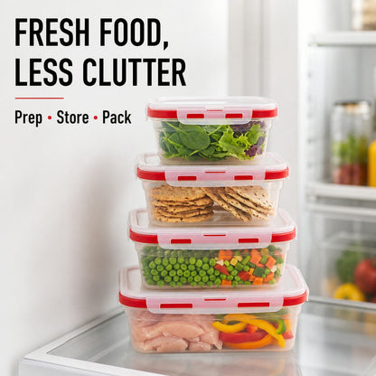Four clear food containers with red lids, filled with various foods, stacked inside a refrigerator with text overlay.