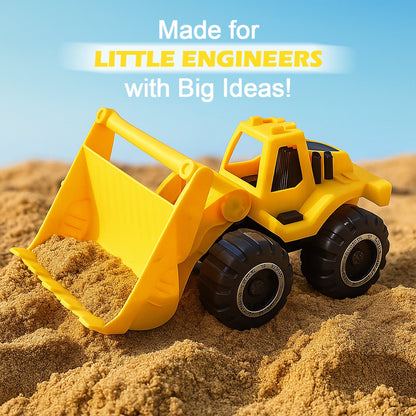 A yellow toy front-end loader sits in sand under a blue sky, with text 'Made for LITTLE ENGINEERS with Big Ideas!'.