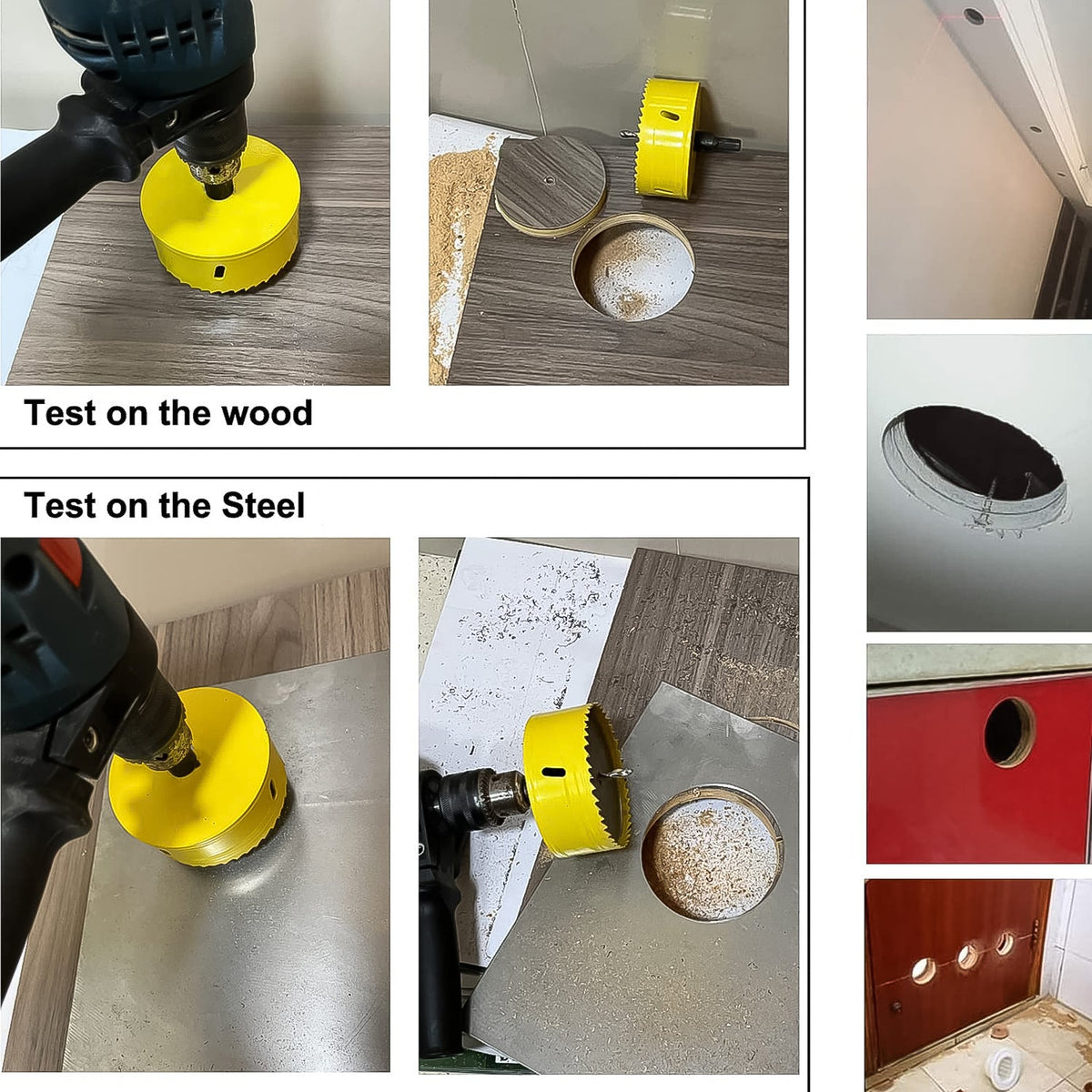 Multiple small images show the yellow hole saw drilling into wood and steel, and various holes in different materials.