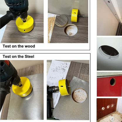 Multiple small images show the yellow hole saw drilling into wood and steel, and various holes in different materials.