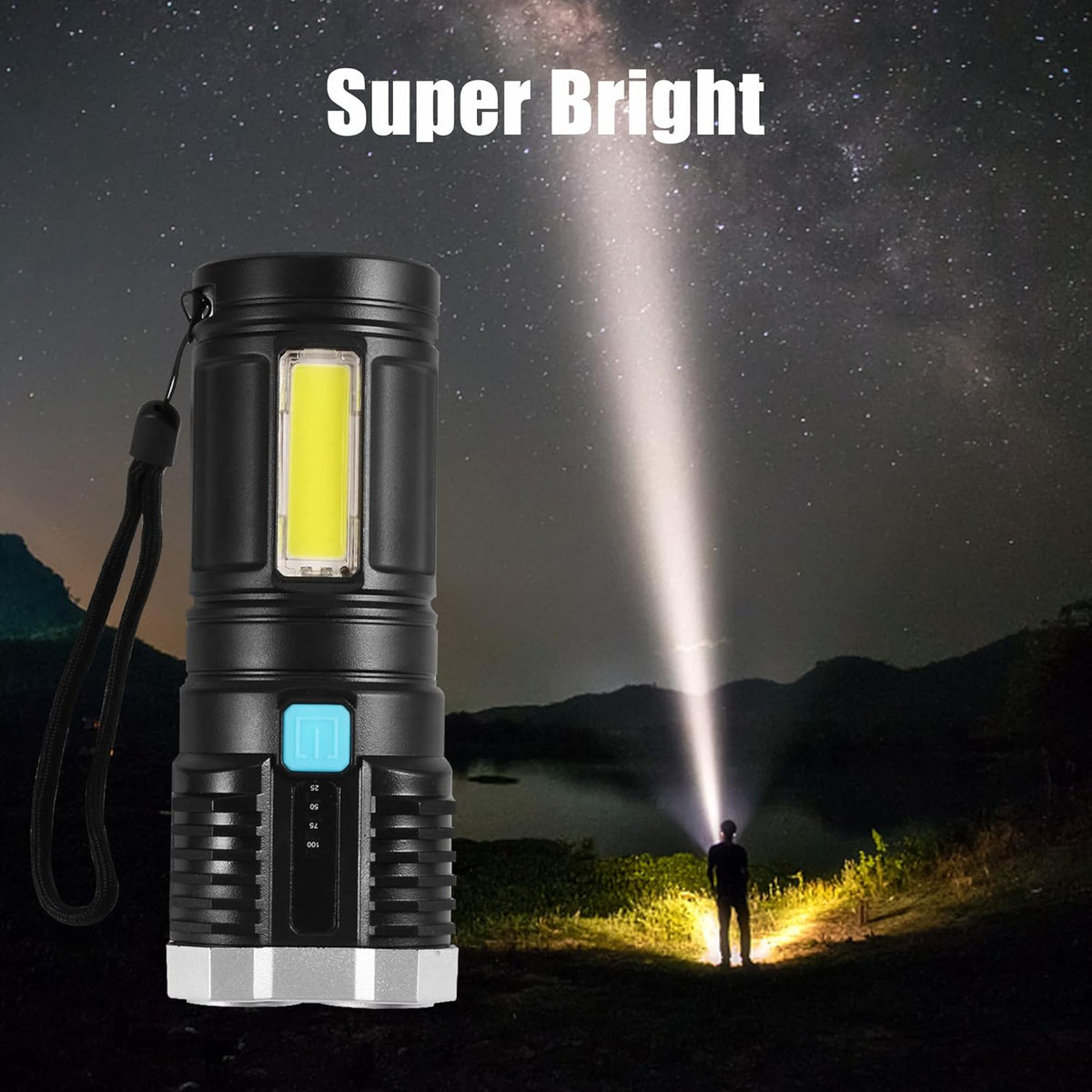 Black and silver flashlight with a wrist strap, illuminating a person standing in a dark landscape under a starry night sky.